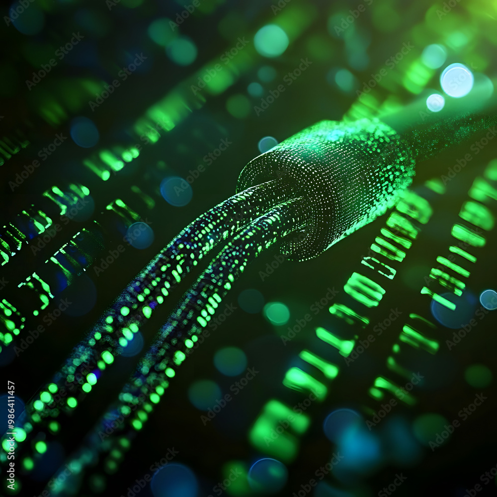 Poster a digital cable emerges from a vibrant, glowing green matrix of binary code. isolated on black backg