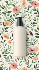 3d white plain lotion pump bottle mockup with florals background for advertisement, shampoo bottle mockup