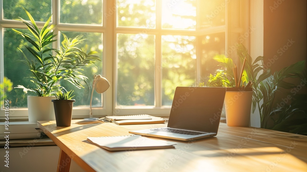 Poster wooden table in a sunny office with large windows natural lighting fills the room casting shadows an