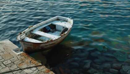 Obraz premium A boat anchored at the shore, surrounded by clear blue water