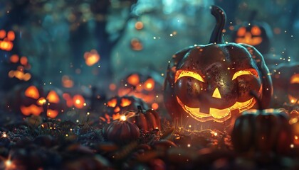A festive Halloween background featuring pumpkins and jack-o-lanterns