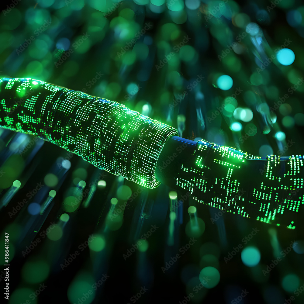 Poster a digital cable emerges from a vibrant, glowing green matrix of binary code. isolated on black backg