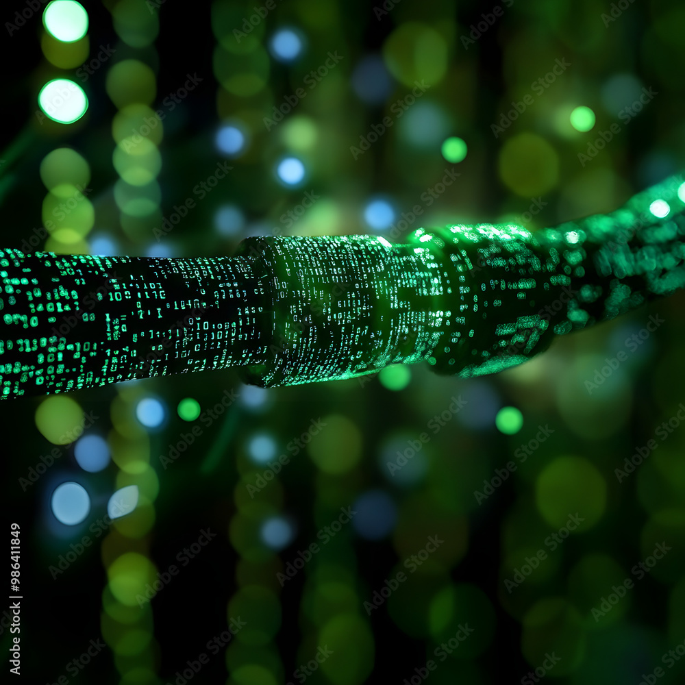Poster a digital cable emerges from a vibrant, glowing green matrix of binary code. isolated on black backg