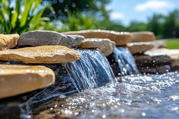 A close-up of water cascading over rocks, with droplets sparkling in the sunlight