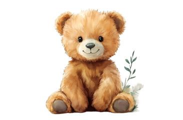 a teddy bear sitting with a plant. 
