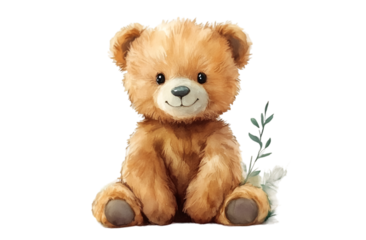 a teddy bear sitting with a plant. 