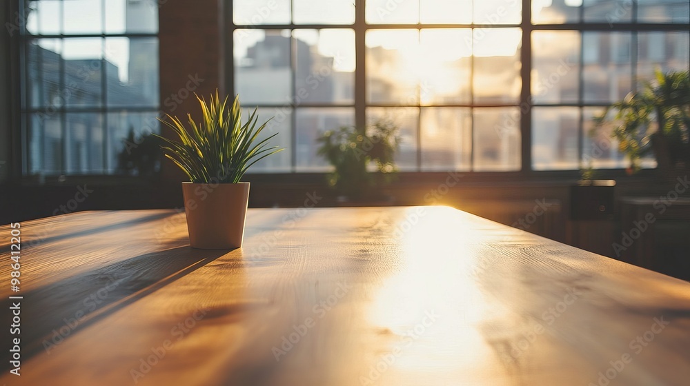 Poster wooden table in a sunny office with large windows natural lighting fills the room casting shadows an