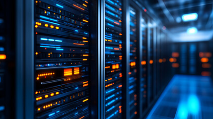 Modern data center with illuminated server racks showcasing advanced technology and efficient operation in a high-tech environment