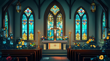 Obraz premium Church with stained glass windows and a cross on the altar. Stained Glass. Illustration