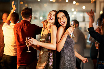 Smile, women and dance with champagne at nightclub for birthday celebration, social reunion or luxury party. Excited, friends and wine glass for new years, festival congratulations and happy hour fun