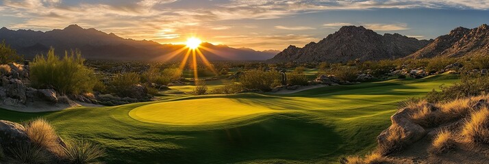 Beautiful golf course in the desert at sunset, beautiful landscape