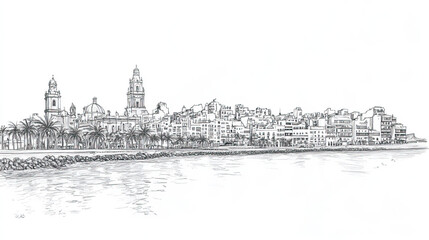 Obraz premium Santa Cruz de Tenerife, Spain, black and white pen pencil hand-drawn effect drawing illustration for travel poster, card, wallpaper, backdrop or banner. Modern, clear, artistic and simple
