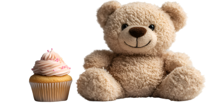 a stuffed bear next to a cupcake.