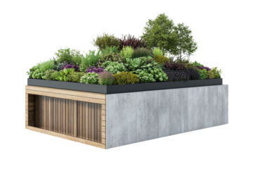 Rooftop garden with edible plants, green roof concept, on solid white background,Isolated on transparent background