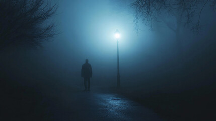 Fototapeta premium Creepy figure standing under a flickering streetlight in the fog