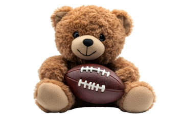 a teddy bear holding a football. 