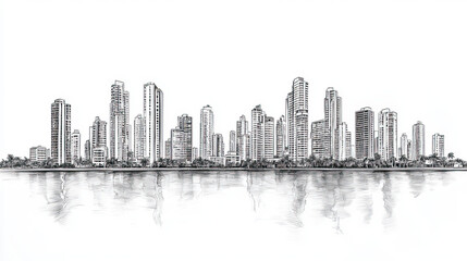 Obraz premium Santiago de Veraguas, Panama, black and white pen pencil hand-drawn effect drawing illustration for travel poster, card, wallpaper, backdrop or banner. Modern, clear, artistic and simple