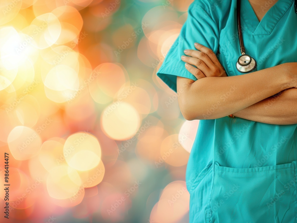 Wall mural a person in a blue scrubs shirt is standing with their arms crossed