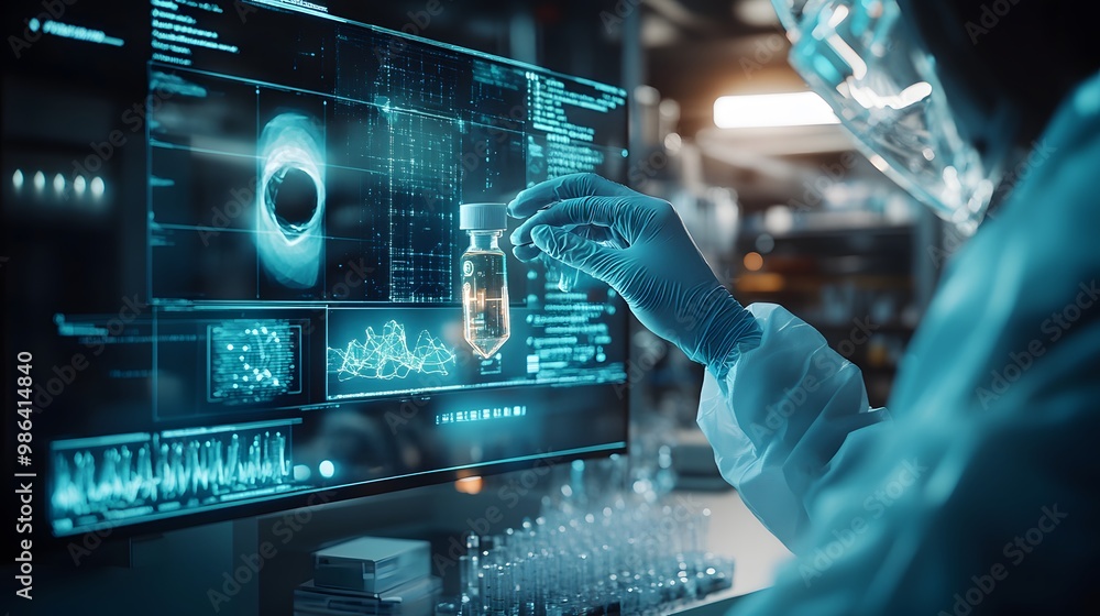 Poster scientist in a lab coat holding a vial of liquid and examining data on a computer screen