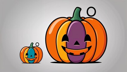 Two colorful pumpkins in chibi-style on grey background with copy space