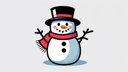Cute chibi-style snowman with top hat and red scarf on white background with copy space