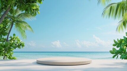 Fototapeta premium Tropical Beach Scene with Clear Blue Sky and Green Palms