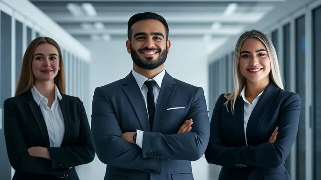 Three business people are standing in a hallway, all wearing suits and ties. They are posing for a photo, with one of them having his arms crossed. Concept of professionalism and formality