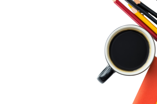 Top view of creative workspace with sketchbooks pencils and coffee cup ,Isolated on transparent background