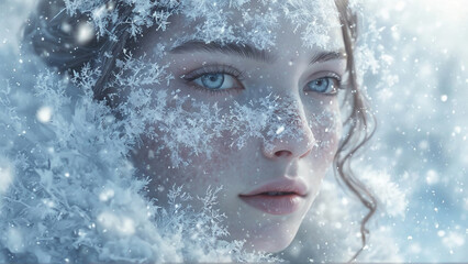 a stunning hyperrealistic full-body portrait of Ada, a magical snow beauty with extraordinary features