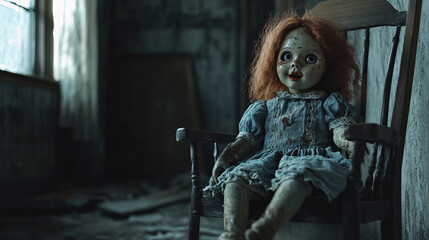 Creepy doll sitting in a chair in a dark, dusty room