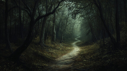 Haunted forest path with eerie shadows and twisted branches