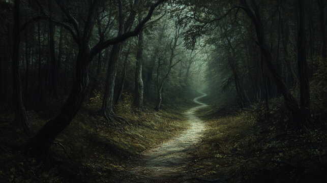 Haunted forest path with eerie shadows and twisted branches