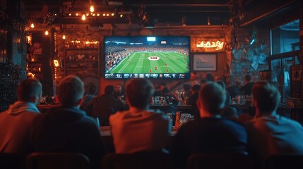 group of excited football fans watching a live match on TV in a sports bar, cheering and enjoying the game as they support their team in a fun and energetic atmosphere