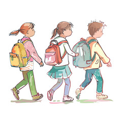 Vector Illustration of children heading back to school Drawn Isolated on a White Background, Back To School