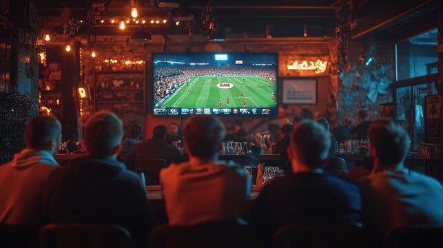 group of excited football fans watching a live match on TV in a sports bar, cheering and enjoying the game as they support their team in a fun and energetic atmosphere