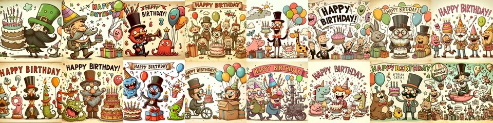 Fototapeta premium Vintage cartoon Happy Birthday. AI generated illustration
