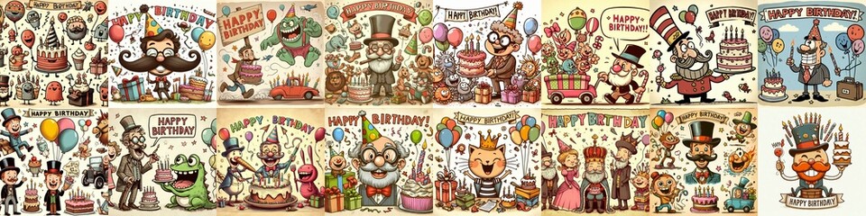 Naklejka premium Vintage cartoon Happy Birthday. AI generated illustration