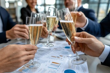 A group of business partners celebrating a successful capital investment, holding champagne glasses and reviewing financial reports