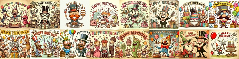 Vintage cartoon Happy Birthday. AI generated illustration
