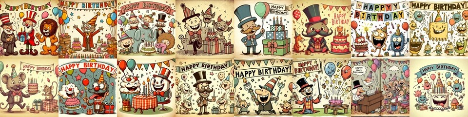 Vintage cartoon Happy Birthday. AI generated illustration