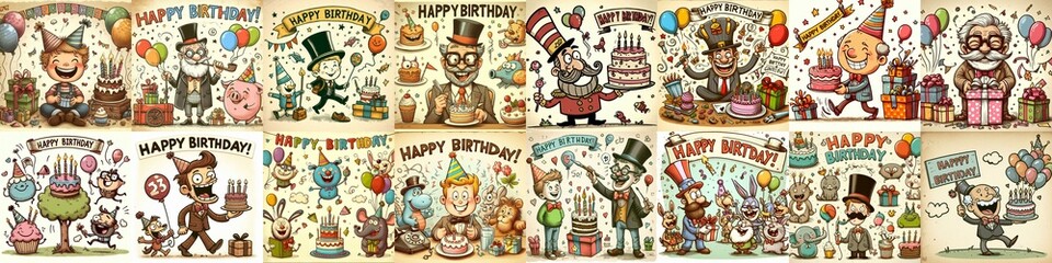 Naklejka premium Vintage cartoon Happy Birthday. AI generated illustration