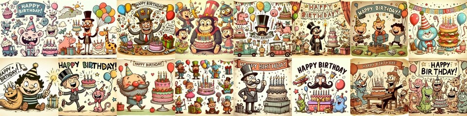 Fototapeta premium Vintage cartoon Happy Birthday. AI generated illustration