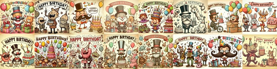 Fototapeta premium Vintage cartoon Happy Birthday. AI generated illustration