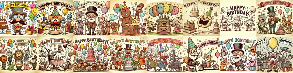 Naklejka premium Vintage cartoon Happy Birthday. AI generated illustration