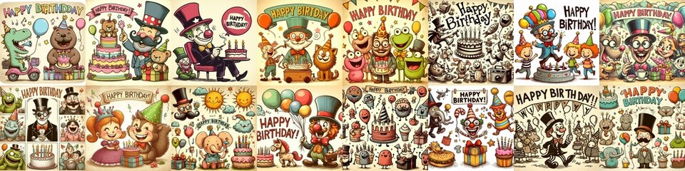 Naklejka premium Vintage cartoon Happy Birthday. AI generated illustration