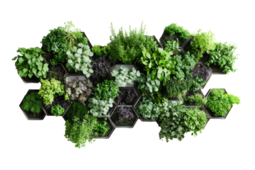 Wallmounted vertical garden system, modular and scalable, ecoconscious design, on solid white background, single object.,,Isolated on transparent background