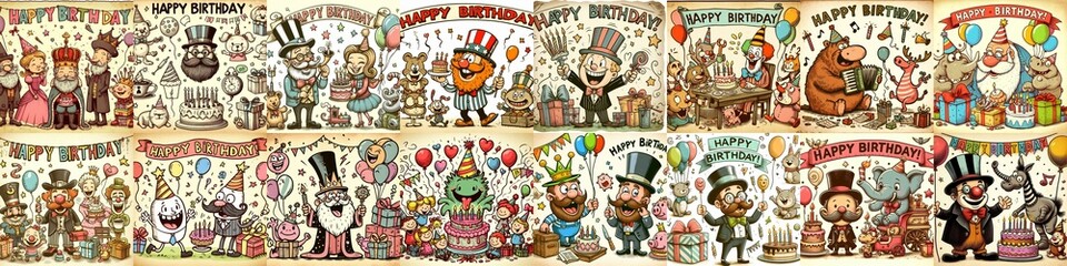 Fototapeta premium Vintage cartoon Happy Birthday. AI generated illustration