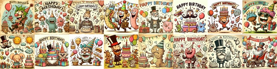 Fototapeta premium Vintage cartoon Happy Birthday. AI generated illustration