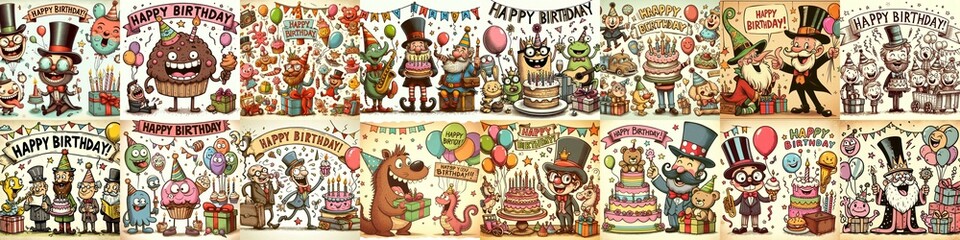 Fototapeta premium Vintage cartoon Happy Birthday. AI generated illustration