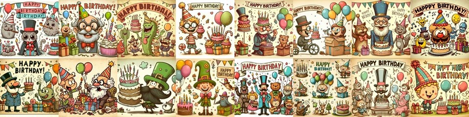 Naklejka premium Vintage cartoon Happy Birthday. AI generated illustration